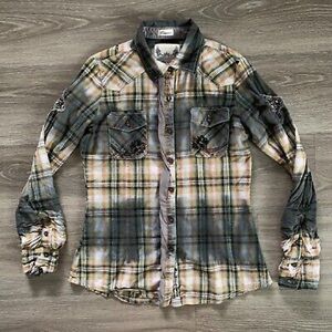 Roar Western Button Front Shirt Rhinestone Cowgirl Gray Distressed Size M